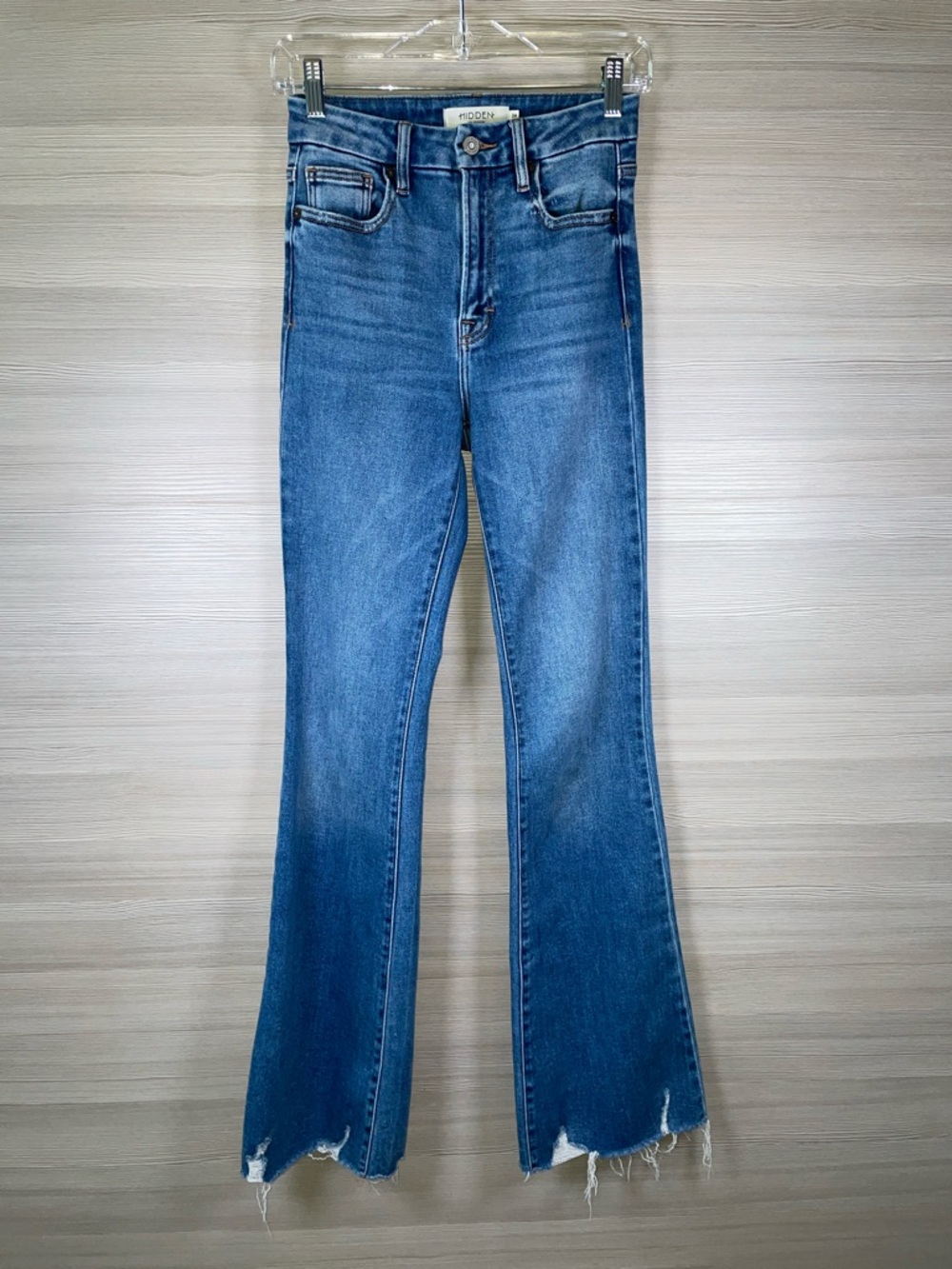 Hidden High-Rise Long/Tall Flare Jeans with Frayed Hem Size 24